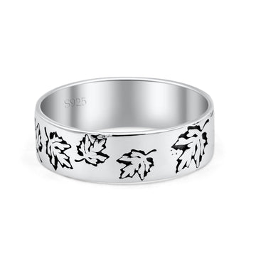 Unique Oak Leaf Rounded Engraved Oxidized Designer Traditional Band Thumb Ring